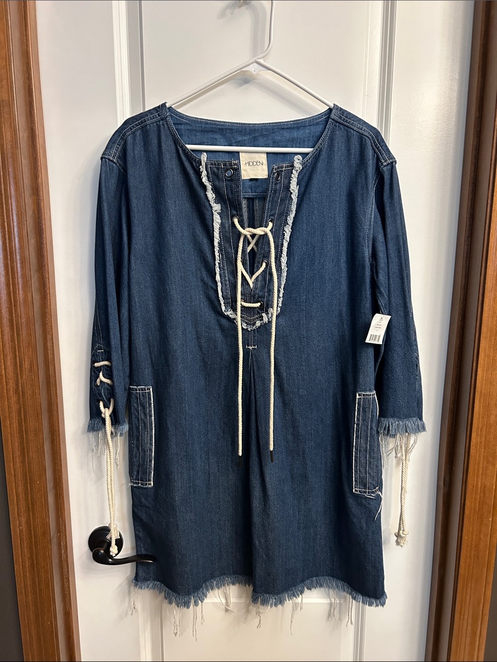 Denim Lace-Up Mini Dress in Dark Blue